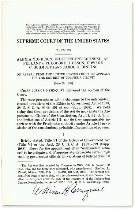 Item #68884 Alexia Morrison, Independent Counsel, Appellant v. Theodore B. Olson. United States Supreme Court, William Rehnquist.