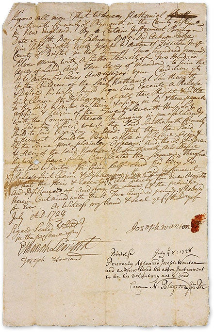 Item #68918 Autograph Legal Document, Signed, Bristol, Rhode Island, July 5, 1728. Manuscript, Joseph Wanton.