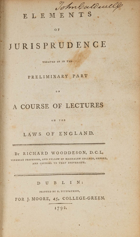 Item #69086 Elements of Jurisprudence, Treated of in the Preliminary Part of a. Richard Wooddeson.