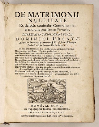 Item #69128 De Matrimonii Nullitate ex Defectu Consensus Contrahentis & Moralis. Domenico Orsaio,...