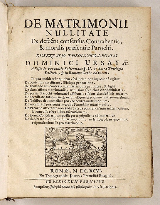 Item #69128 De Matrimonii Nullitate ex Defectu Consensus Contrahentis & Moralis. Domenico Orsaio, Domingo Ursaya.