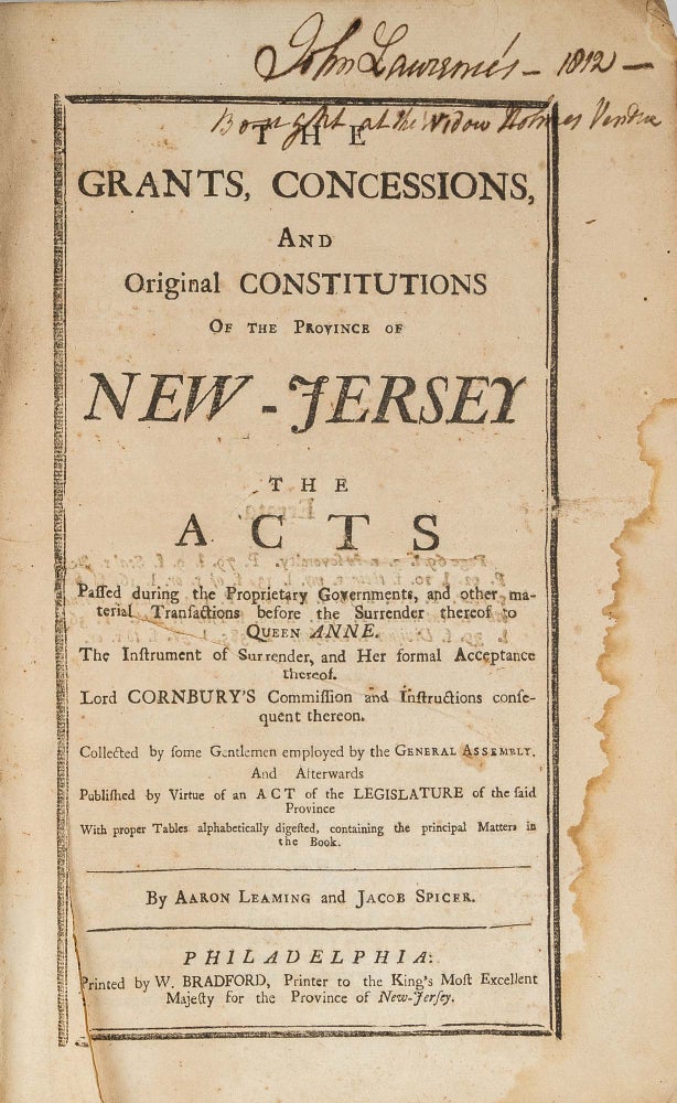 Item #69148 The Grants, Concessions and Original Constitutions of the Province. New Jersey, Aaron Leaming, Jacob Spicer.