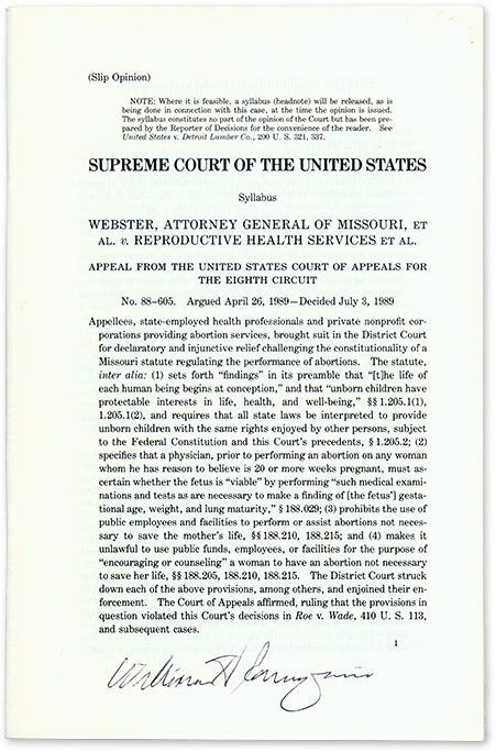 Item #69150 Webster, Attorney General of Missouri, Et Al v Reproductive Health. Supreme Court of the United States, W. Rehnquist.