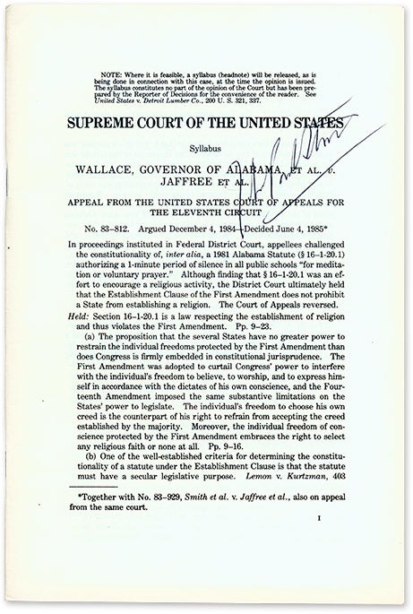 Item #69154 Wallace, Governor of Alabama, Et al v Jaffree Et al... , United States Supreme Court, Stevens John P.