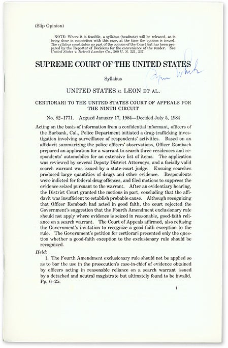 Item #69397 United States v Leon et Al (Slip Opinion), 1984. Supreme Court of the United States, Byron White.