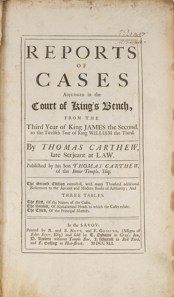 Item #69410 Reports of Cases Adjudged in the Court of King's Bench, From the. Thomas Carthew.