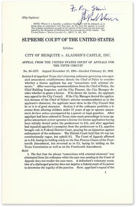 Item #69455 City of Mesquite v Aladdin's Castle. Inscribed by Justice Stevens. Supreme Court of...