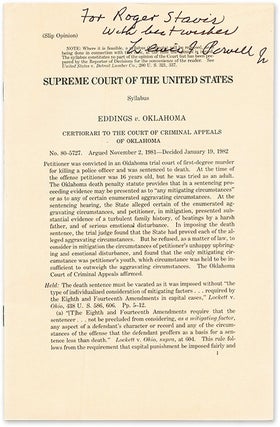 Item #69456 Eddings v. Oklahoma (1982) (Death penalty) Inscribed Lewis F. Powell. Supreme Court...