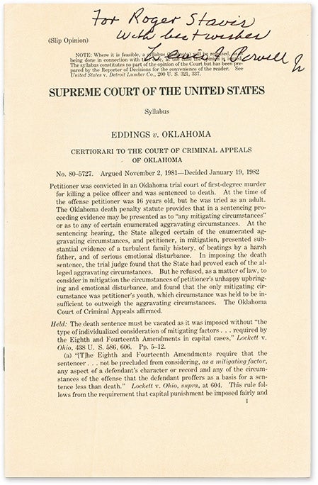 Item #69456 Eddings v. Oklahoma (1982) (Death penalty) Inscribed Lewis F. Powell. Supreme Court of the United States, Lewis Powell.