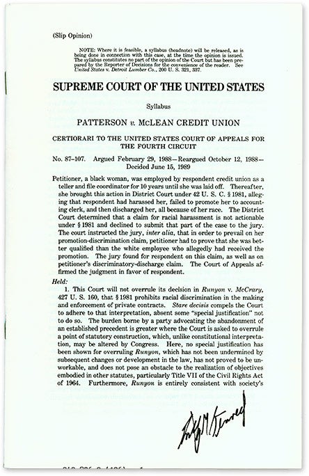 Item #69457 Patterson v. McLean Credit Union (1989) (Racial discrimination). United States Supreme Court, Anthony Kennedy.