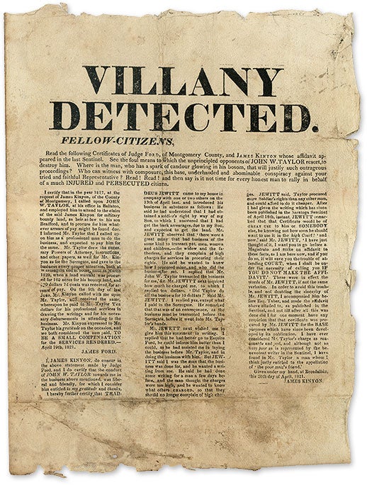 Item #69796 Villany Detected. Fellow-Citizens, Read the Following Certificates. Broadside, James Kinyon, James Taylor.