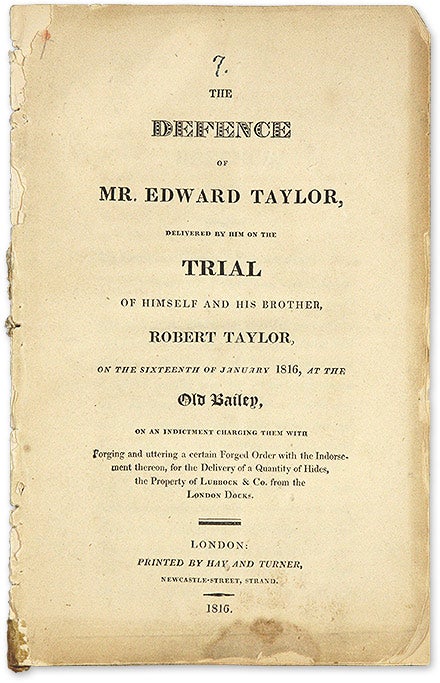 Item #69965 The Defence of Mr. Edward Taylor, Delivered by Him on the Trial of. Trial, Edward Taylor, Defendant, Robert Taylor.