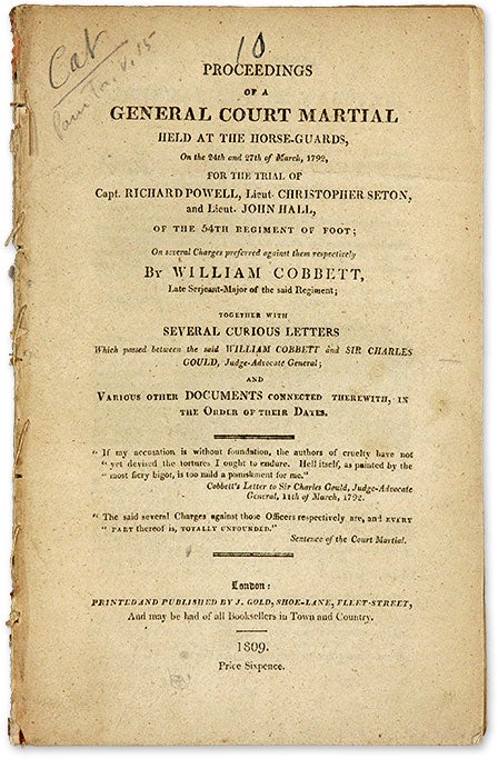 Item #69969 Proceedings of a General Court Martial held at the Horse-Guards. Trial, Richard Powell, William Cobbett.