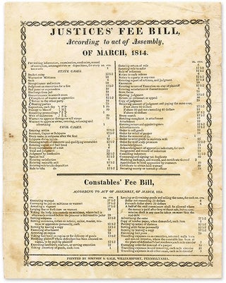 Item #70054 Justices' Fee Bill, According to Act of Assembly, Of March, 1814. Broadside,...