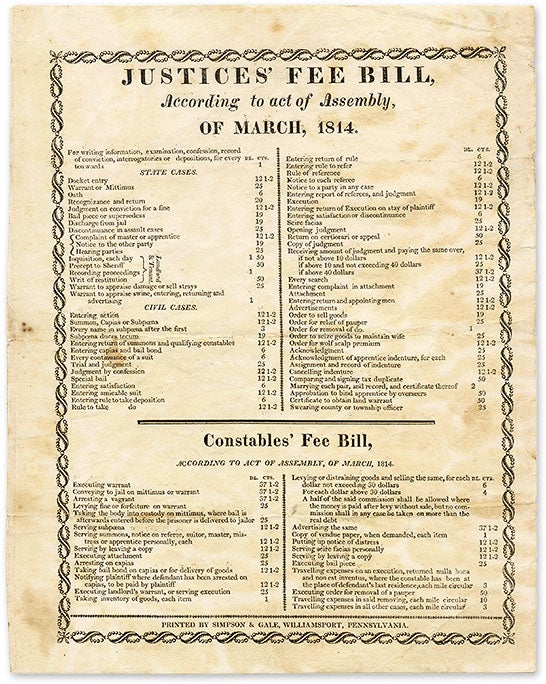 Item #70054 Justices' Fee Bill, According to Act of Assembly, Of March, 1814. Broadside, Pennsylvania.