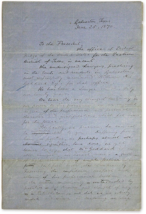 Item #70066 Draft Letters by Members of the Galvaston Bar Recommending William H. Manuscript, Texas.