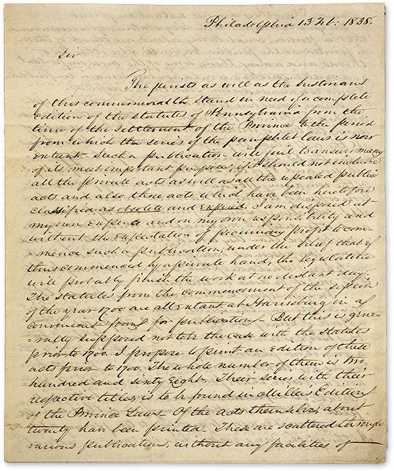 Item #70354 Autograph Letter, Signed, Philadelphia, February 13, 1838. Manuscript, John Cadwalader.