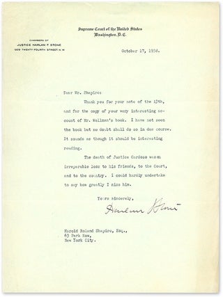 Item #70522 Typed Letter, Signed, Regarding the Death of Benjamin Cardozo. Manuscript, Harlan...