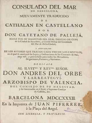 Item #70880 Consulado Del Mar de Barcelona, Nuevamente Traducido de Cathalan. Consolato del Mare,...
