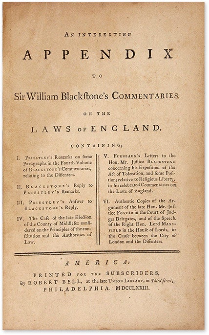 Item #71044 An Interesting Appendix to Sir William Blackstone's Commentaries. Joseph Priestley, Sir William Blackstone.