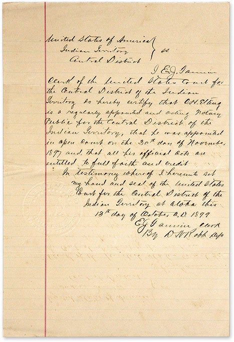 Item #71143 Document Appointing A Notary Public for the Central District. Manuscript, Oklahoma, Indian Territory.