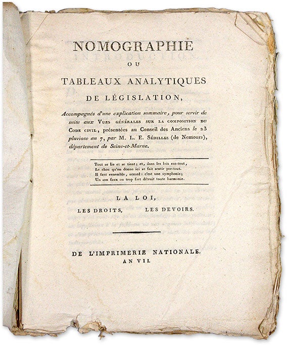 Item #71172 Nomographie ou Tableaux Analytiques de Legislation... Paris, 1799. Mathurin-Louis-Etienne Sedillez.