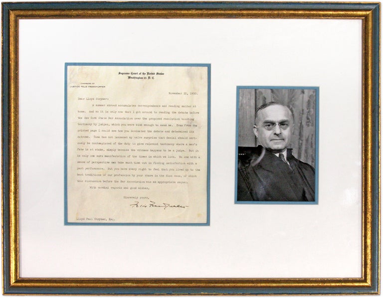 Item #71210 Typed Letter, Signed, on US Supreme Court Letterhead, Framed. Felix Frankfurter, Lloyd P. Stryker.
