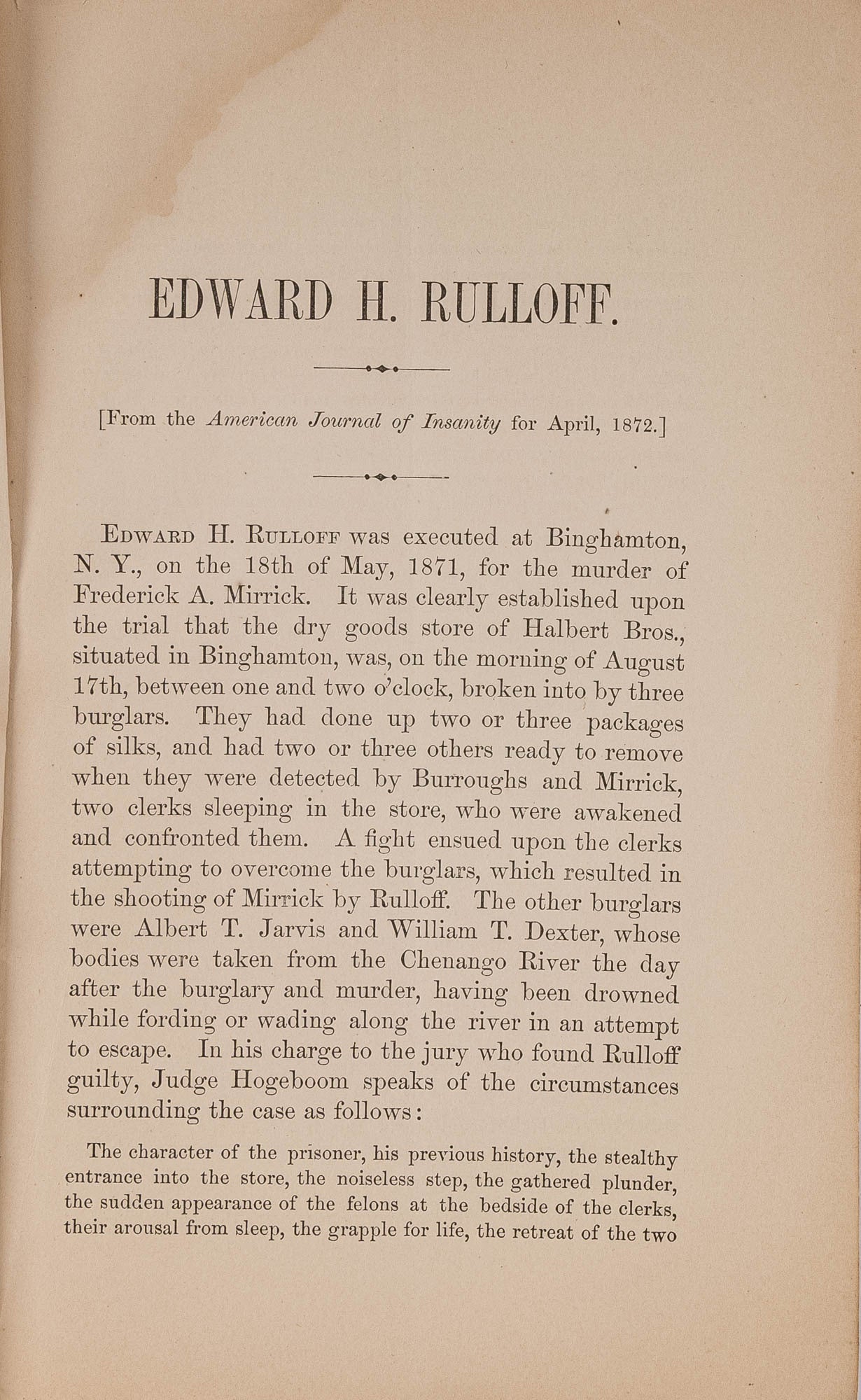 Edward H Rulloff. McDade 841. American Journal of Insanity, 1872 ...