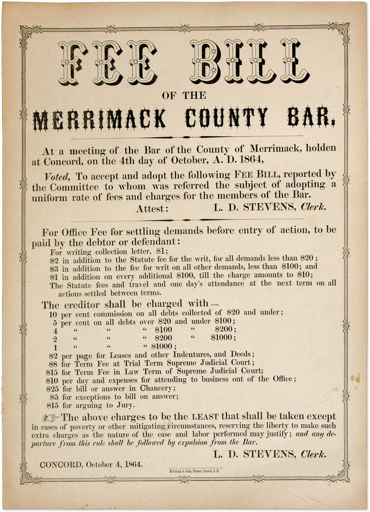 Item #71275 Fee Bill of the Merrimack County Bar, 13-1/2" x 10-1/2" broadside. Broadside, Merrimack County Bar.