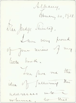 Item #71449 Autograph Letter, Signed, Albany, February 20, 1931. Manuscript, Benjamin N. Cardozo,...