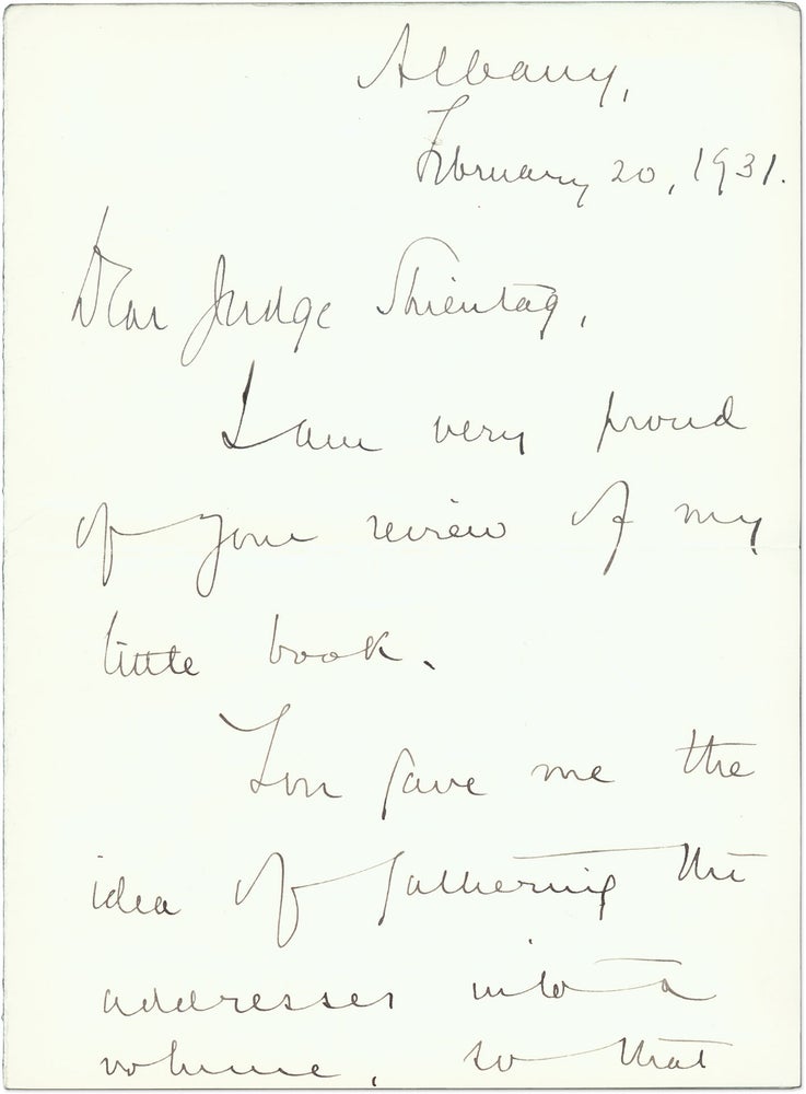 Item #71449 Autograph Letter, Signed, Albany, February 20, 1931. Manuscript, Benjamin N. Cardozo, Bernard Shientag.