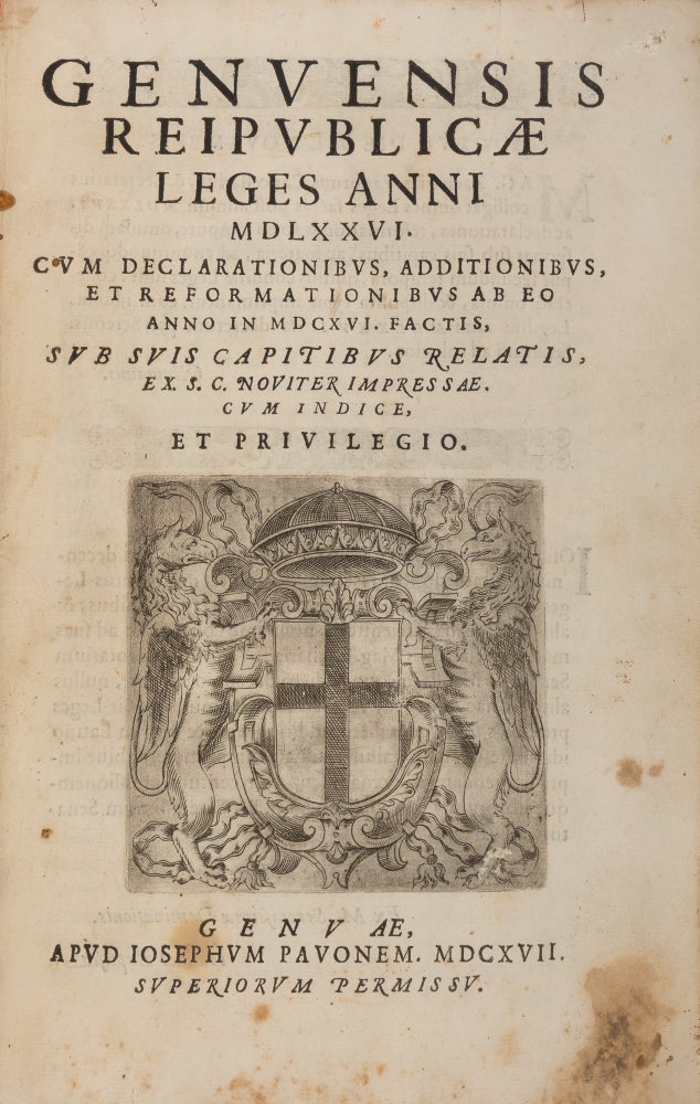 Item #71485 Genuensis Reipublicae Leges Anni MCLXXVI, Cum Declarationibus. Genoa, Republic of.