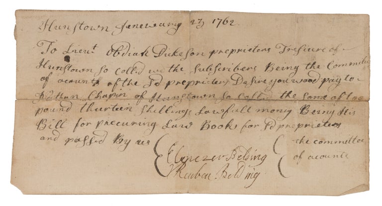 Item #71488 Document Concerning Payment for the Purchase of Law Books, 1762. Manuscript, Law Books, Massachusetts.