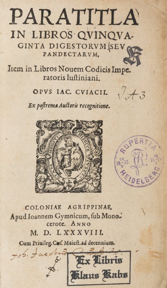 Item #71519 Paratitla in Libros Quinquaginta Digestorum [bound with] Ad Africanum. Jacques Cujas, Justinian I., Sextus C. Africanus.