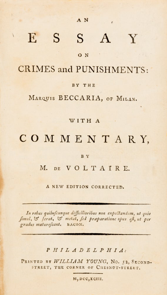 Item #71615 An Essay on Crimes and Punishments, With a Commentary by M de. Cesare Beccaria, Voltaire.