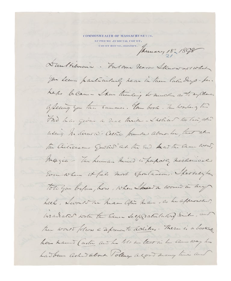 Item #71642 Autograph Letter Signed "Yours, OWH" to Lady Clare Castletown, 1898. Holmes Manuscript, Jr, Oliver Wendell.