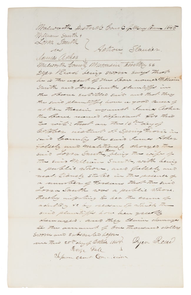 Item #71720 Accusation of Adultery in the Wisconsin Territory. 1845. Manuscript, Wisconsin, James Acker, Defendant.