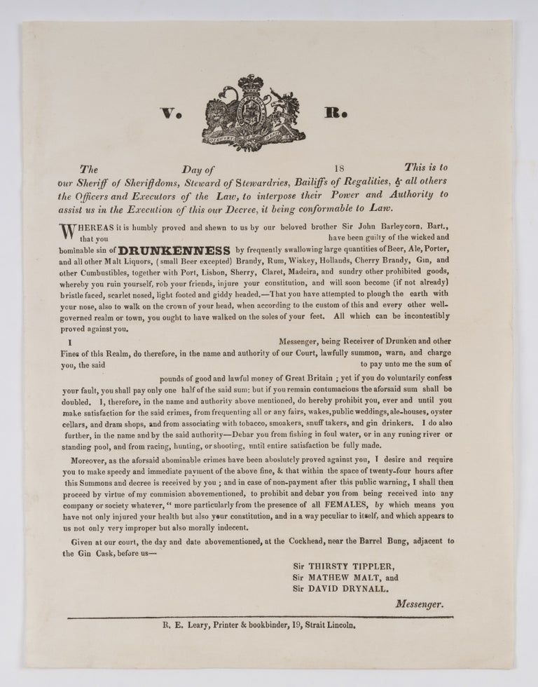 Item #71888 The ---- Day of 18 ----. This is to Our Sheriff of Sheriffdoms. Broadside, Temperance, Great Britain.