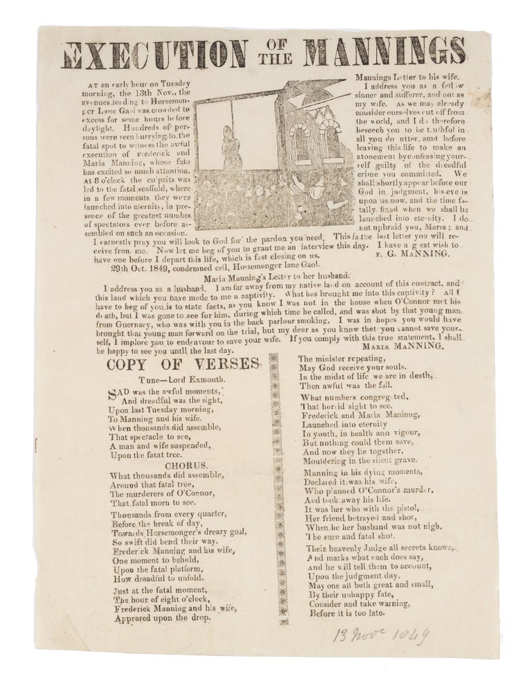 Item #71890 Execution of the Mannings, London, 1849. Broadside, Murder, Frederick George Manning.