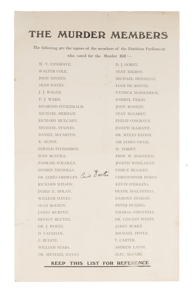 Item #72162 The Murder Members, The Following are the Names of the Members of. Broadside, Irish Civil War.