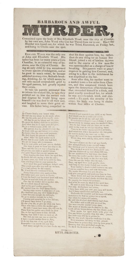 Item #72329 Barbarous and Awful Murder, Committed Upon the Body of Mrs. Elizabeth. Broadside, Execution, John Wood.