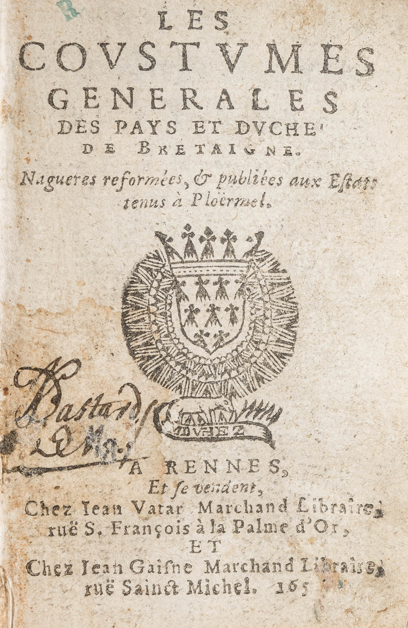 Les Coustumes Generales des Pays et Duche de Bretagne, 3 Parts, 1651 by  Brittany on The Lawbook Exchange, Ltd