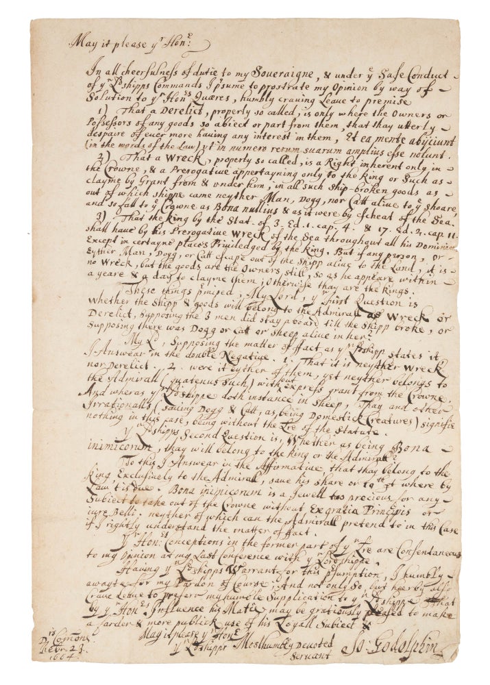 Item #72579 Letter to the Earl of Lauderdale, Doctors Commons, February 23, 1664. Manuscript, John Godolphin.