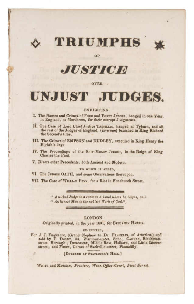 Item #72605 Triumphs of Justice Over Unjust Judges, Exhibiting, I The Names. Philo-Dicaios.
