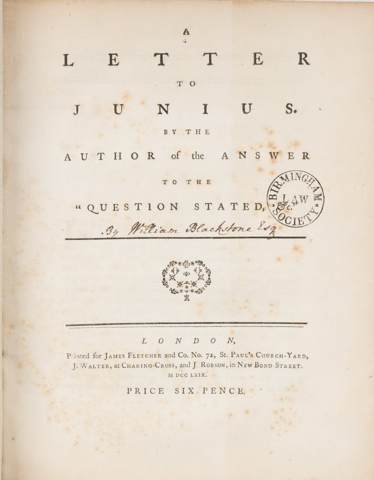 Item #72683 A Letter to Junius By the Author of the Answer to The Question Stated. Nathaniel Forster.