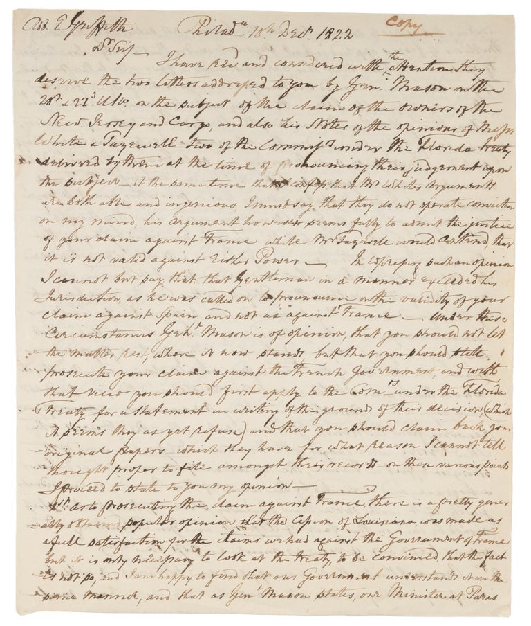 Item #72696 Copy of Letter to Robert E. Griffith, Philadelphia, December 10, 1822. Manuscript, Peter Stephen Du Ponceau.