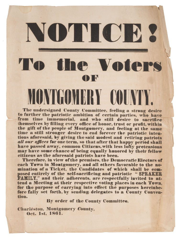 Item #72719 Notice! To the Voters of Montgomery County, 1861 Broadside. Broadside, Politics, NY Charlestown.