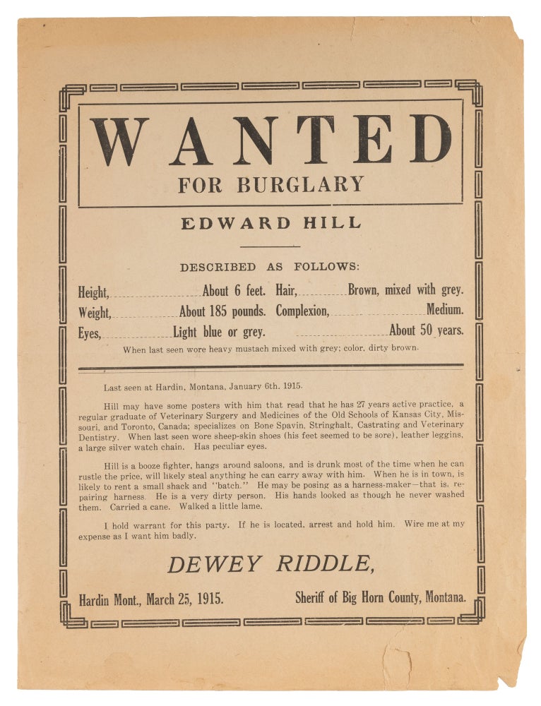 Item #72724 Wanted for Burglary: Edward Hill, Hardin, Montana, March 25, 1915. Broadside, Criminals, Montana, Edward Hill.