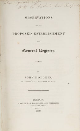 Item #72954 Observations on the Proposed Establishment of a General Register. John Hodgkin