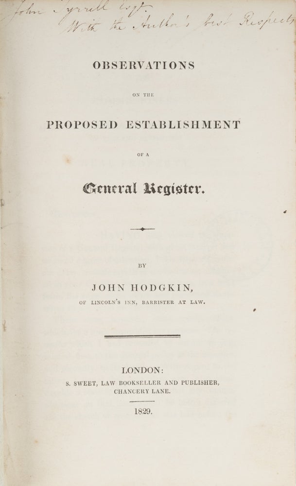 Item #72954 Observations on the Proposed Establishment of a General Register. John Hodgkin.